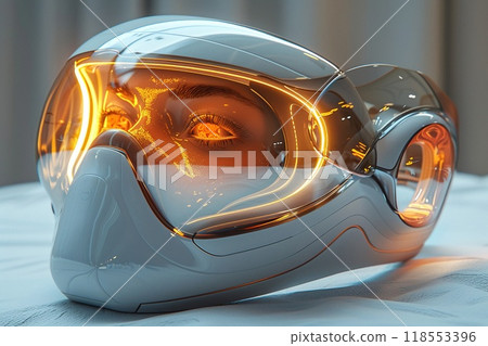 A 3D rendering of a futuristic wearable device. 118553396
