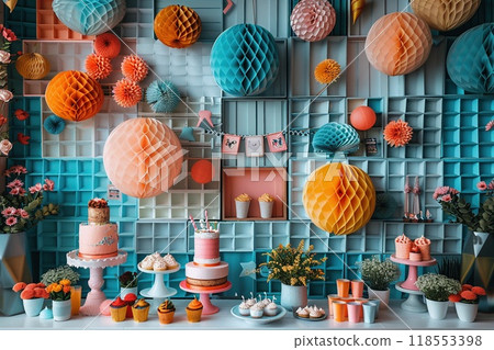 A birthday collage with photos of a themed party and colorful decorations. 118553398