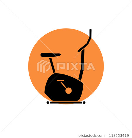 Stationary bike icon in circle, sport and equipment, exercise bicycle sign. Black silhouette. Vector illustration and clipart on a white background. Stationary bike icon in circle, sport and equipment, exercise bicycle sign. Black silhouette. Vector illustration and clipart on a white background. 118553419