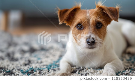 Cute brown white terrier dog lying patterned rug indoors looking directly at the camera 118553459