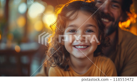 Smiling young girl dad daughter curly hair golden sunset outdoors happiness joy 118553472