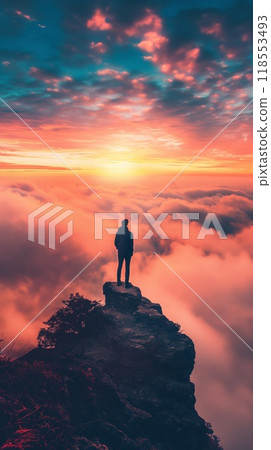 Man silhouetted colorful sunrise standing cliff edge clouds mountainous region vertical 118553493