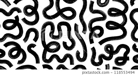 Abstract geometric bold lines, squiggles, loops. Grunge ink brush strokes, doodle lines seamless pattern. 118553494