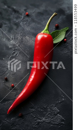 Single red chili pepper with a leaf and whole peppers on dark background Single red chili pepper with a leaf and whole peppers on dark background 118553499