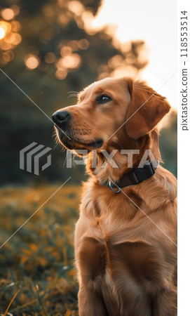 Golden retriever dog black collar sitting in grassy field sunset gazing attentively at the sky 118553514