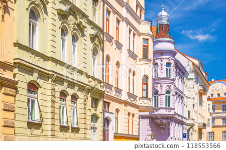 A row of colorful historical houses in on of the streets of Bratislava, Slovakia A row of colorful historical houses in on of the streets of Bratislava, Slovakia 118553566