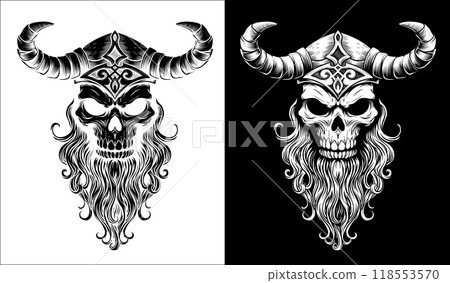 Viking Warrior Skull Man Mascot Face in Helmet 118553570