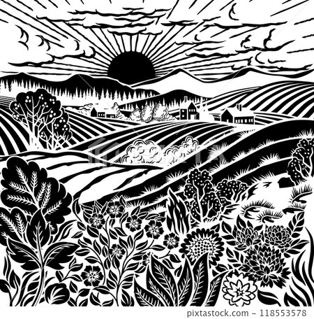 Fields Rolling Hills Farm Land Flowers Background 118553578