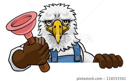 Eagle Plumber Cartoon Mascot Holding Plunger Eagle Plumber Cartoon Mascot Holding Plunger 118553581