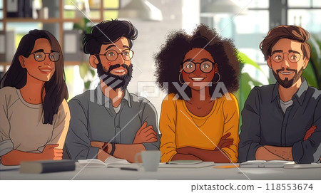 A diverse team having a casual conversation in an office. 118553674