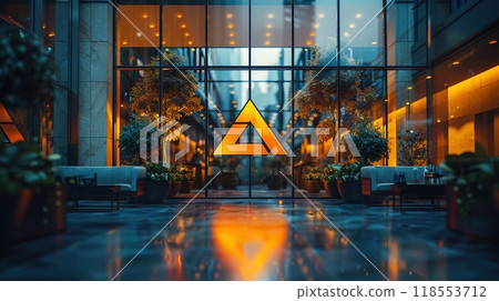 A glass logo displayed on a corporate office window. 118553712
