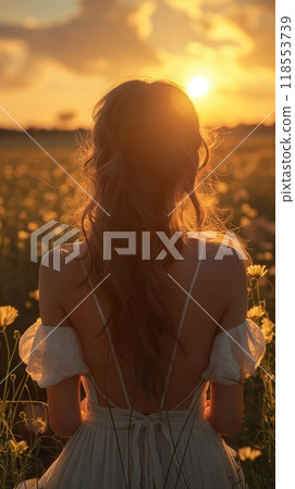Young woman white dress sitting field flowers sunset back view 118553739