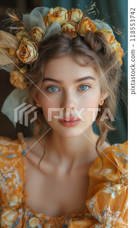 Close-up portrait young woman blue eyes floral headdress yellow dress indoors 118553742