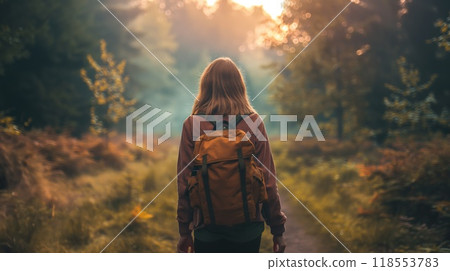 Back view young woman backpack walking through misty forest autumn sunrise 118553783