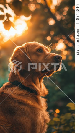 Profile golden retriever dog sunlit forest beauty serenity nature golden hour 118553816