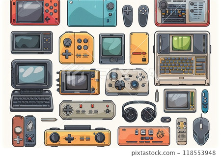 An outline drawing of a variety of electronic devices. 118553948