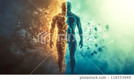 Human body breaking apart into particles representing soul leaving body 118553949