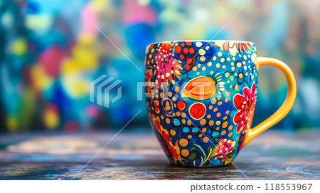 Colorful coffee mug standing on a table 118553967