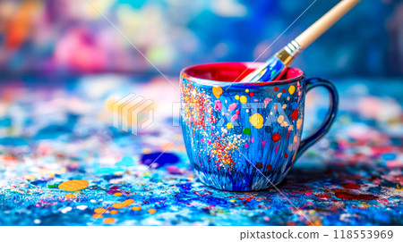 Paintbrush resting in colorful paint splattered mug on desk 118553969