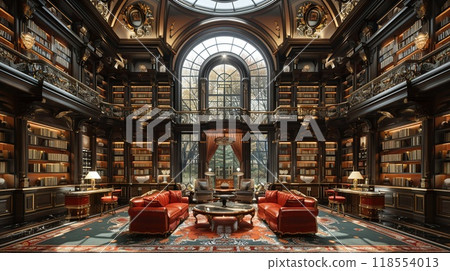 A VR interior of a high-end home library. 118554013