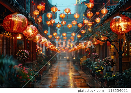 A street scene with vibrant Lunar New Year decorations and lanterns. 118554031