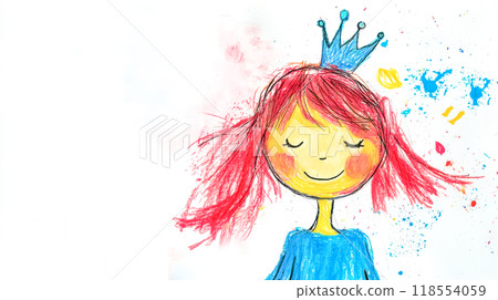 Smiling redhead girl wearing crown drawing crayon 118554059