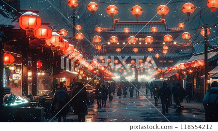 A Lunar New Year market with people shopping traditional food stalls 118554212