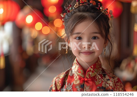A Lunar New Year celebration with families wearing traditional clothing. A Lunar New Year celebration with families wearing traditional clothing. 118554246