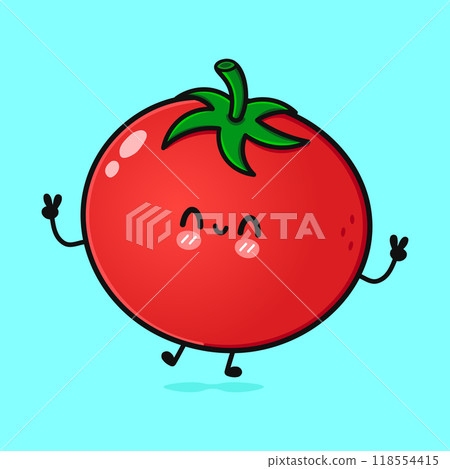 Jumping Tomato. Vector hand drawn cartoon kawaii character illustration icon. Isolated on blue background. Tomato character concept 118554415