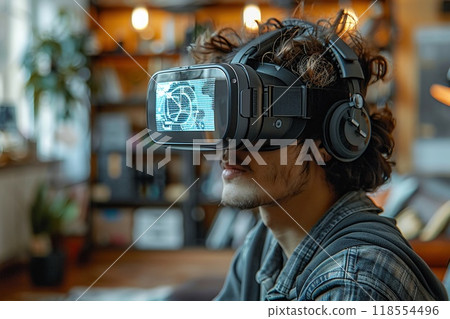A person using VR to plan a home office layout. 118554496