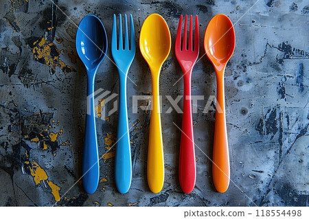 A colorful cutlery set with a modern design. 118554498