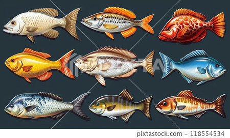 An outline illustration of various types of fish. 118554534