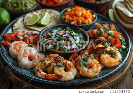 A vibrant plate of Mexican seafood dishes. A vibrant plate of Mexican seafood dishes. 118554570