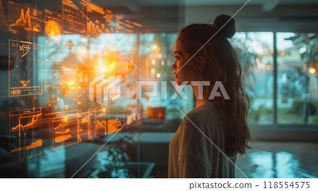 A person interacting with a virtual interior design immersive experience 118554575