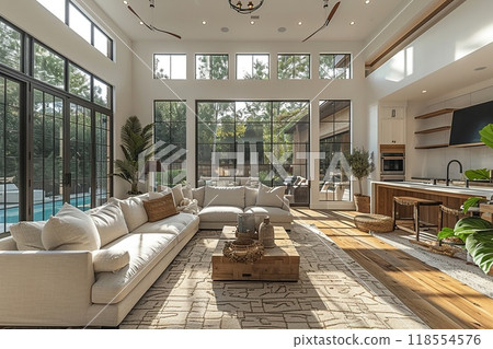 A VR mockup of a spacious open-concept living area. 118554576