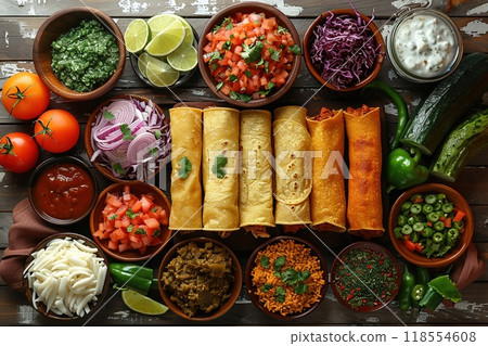 A vibrant spread of traditional Mexican food including tacos 118554608