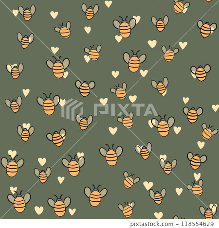 Seamless pattern with bees on color background. Small wasp. Vector illustration. Adorable cartoon character. Template design for invitation, cards, textile, fabric. Doodle style Seamless pattern with bees on color background. Small wasp. Vector illustration. Adorable cartoon character. Template design for invitation, cards, textile, fabric. Doodle style 118554629