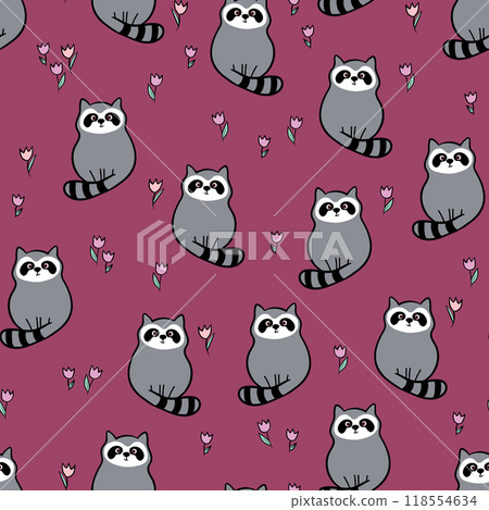 Vector seamless repeating childish pattern with cute raccoon in doodle style. Animals background for invitation, poster, card, flyer, textile, fabric 118554634