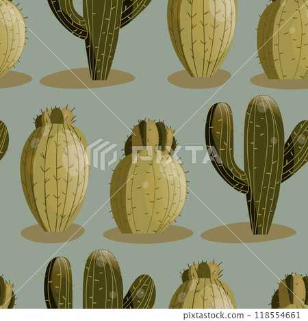 Seamless pattern with cactus with thorns, succulent on color background. Vector drawing illustration for icon, game, packaging, fabric, textile. Wild west, western, cowboy concept 118554661