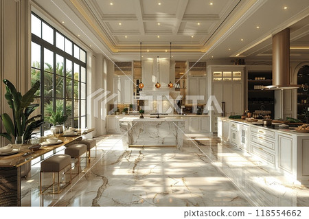 A 3D realistic rendering of a luxury kitchen. 118554662