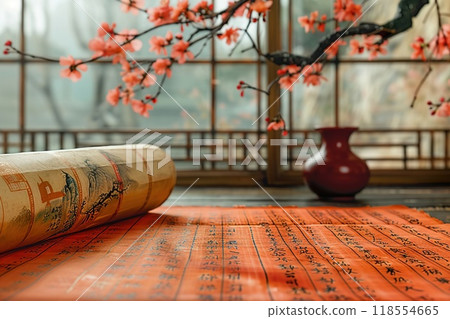 Close-up of a traditional Chinese New Year calligraphy on red paper. 118554665