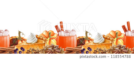 Autumn season pastry and hot drink seamless border decor element in warm colors. Pumpkin spice latte with marshmallow, cinnamon pile, pumpkin pie slice. Vintage style painted illustration 118554788