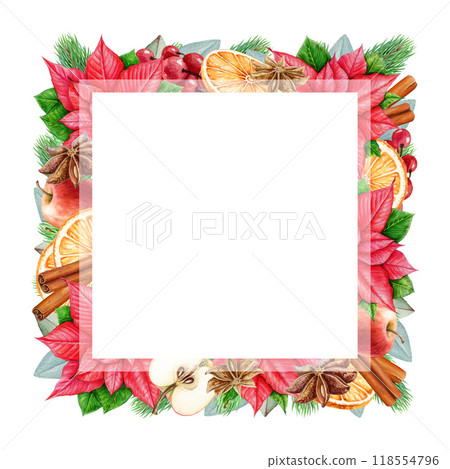Winter season floral square frame decor vintage style watercolor illustration. Bright Christmas traditional decoration with pine, eucalyptus, poinsettia flower, orange slices, cinnamon 118554796
