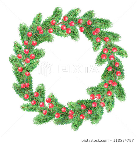 Christmas wreath decor in traditional colors. Vintage style watercolor illustration. Winter season bright round decoration from pine twig, red berries. Isolated on white background 118554797