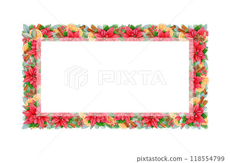 Winter season floral frame decor vintage style illustration. Hand drawn bright Christmas decoration from pine, eucalyptus, poinsettia flower, orange slices, cinnamon. Winter festive decor isolated 118554799