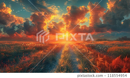 Dramatic sunset over a peaceful field with glowing clouds. Ideal for scenic nature content, rural landscapes, and serene outdoor visuals 118554954