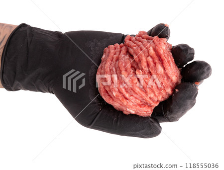 hand holds minced meat isolated on white hand holds minced meat isolated on white 118555036