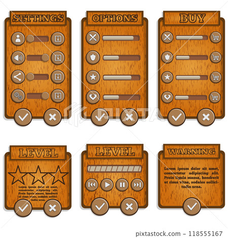 Design of the game user interface. Wooden texture. Vector illustration. Design of the game user interface. Wooden texture. Vector illustration. 118555167