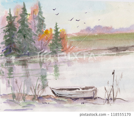 autumn landscape with birds over the lake autumn landscape with birds over the lake 118555170