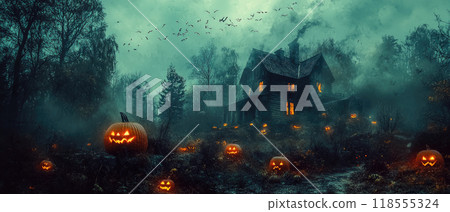 Spooky wooden house in forest at night, old dark mansion and scary pumpkins like in horror movie. Concept of Halloween, mist, fantasy, banner, haunted place 118555324